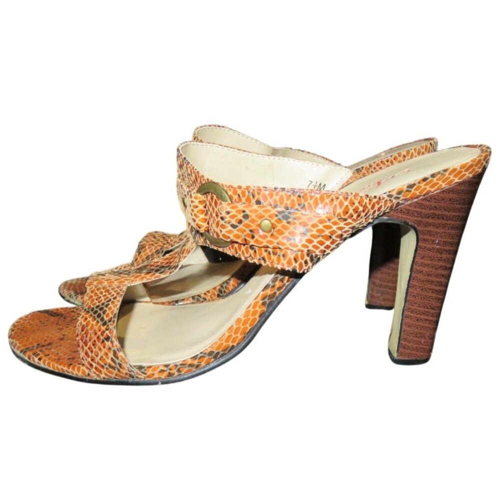 Stefani Collection Snakeskin Embossed Rust Italian Leather T strap Mules sz 7.5